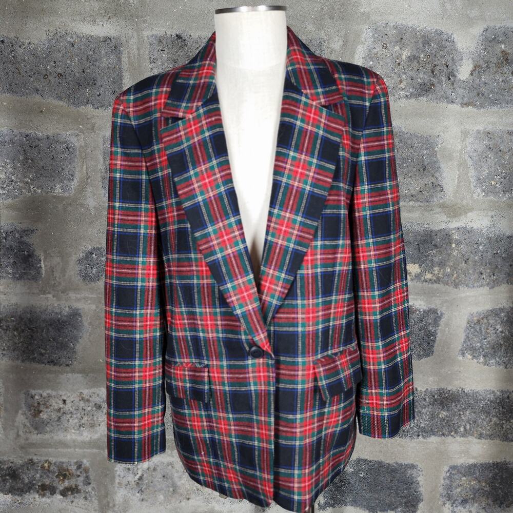 PENDLETON sz 12 wool blazer jacket navy blue red tartan plaid